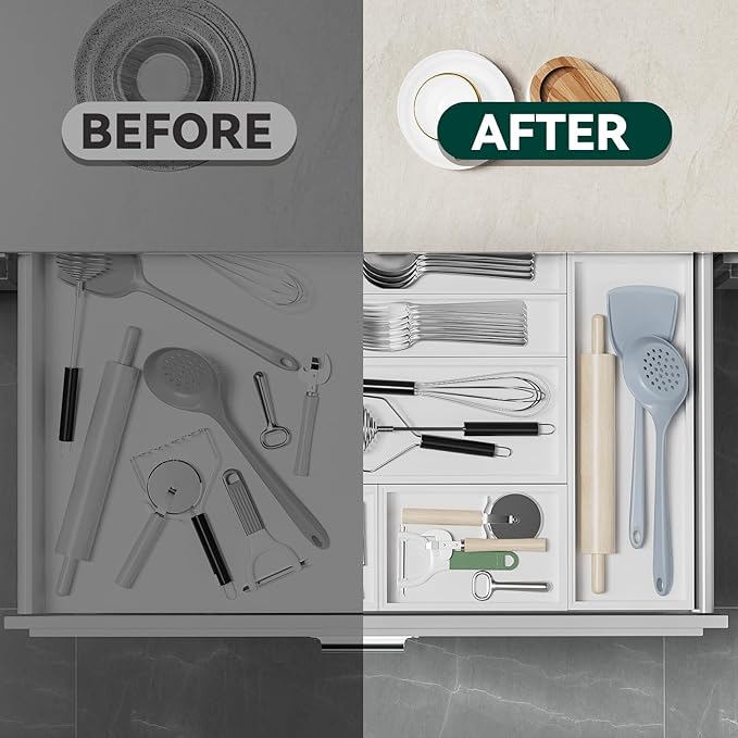 Kitchen Drawer Organizer - 2 Pack, Stackable Bamboo Drawer Organizers, Wooden Storage Box Tray for Cabinet, Pantry, Bathroom Countertop, Multi-use Organization and Storage (White)-NeatNest