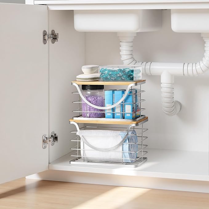 Extra Large Trash Bag Holder Stackable Kitchen Storage Slive, 2 Pack Wall Mounted Pantry Organizers and Storage with Bamboo Top, Garbage Bag Dispenser Under Sink for Laundry Room and Kitchen-NeatNest