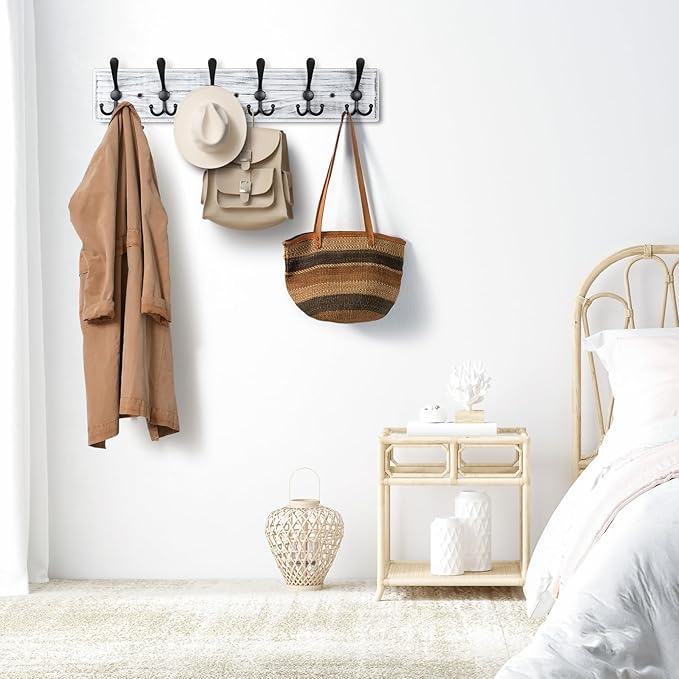 Coat Rack Wall Mount, Wooden Heavy Duty Coat Rack for Wall,6 Triple Coat Hanger Hooks for Hanging Coats,Jacket,Hat,Clothes (Grey White, 6 Hooks)-NeatNest