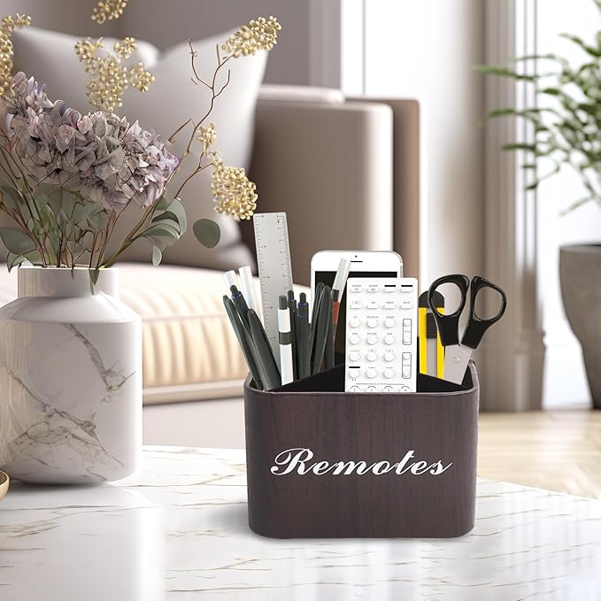 Hennaja Square Leather Art Supply Organizer,Remote Control Holder with Removable Dividers,360°Rotatable Pencil Holders,4 Compartments Organizer for Office Supplies Storage Box(1-Dark Brown)-NeatNest