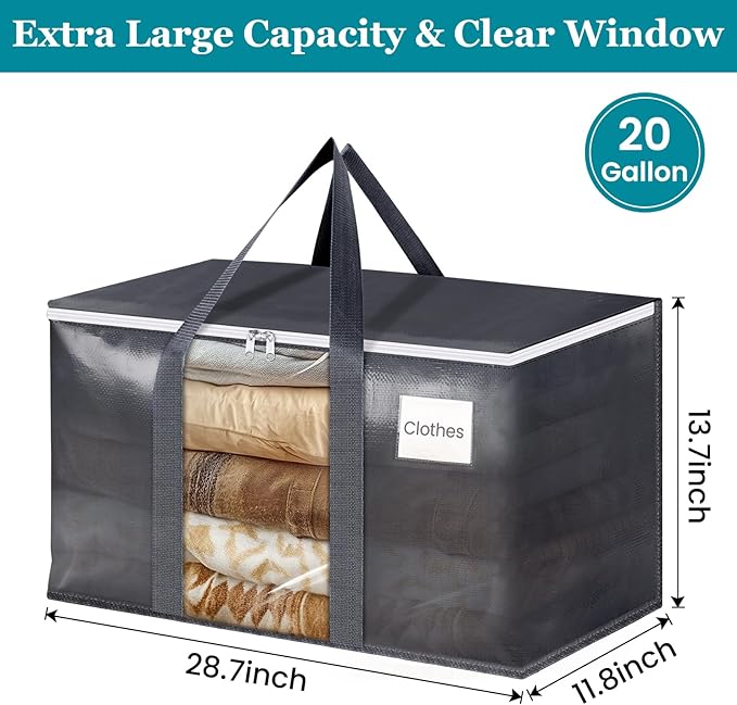HomeHacks 6 Pack Extra Large Moving Bags with Visual PVC Window & Zippers, Storage Totes with Reinforced Handles, Heavy Duty Storage Bags for Packing, Moving, Storage (76L,Grey)