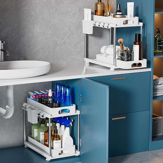 2 Pack Under Sink Organizers and Storage, Double Sliding Kitchen Cabinet Organizer, 2 Tier Height Adjustable Countertop Organizer for Kitchen Bathroom Laundry, White-NeatNest