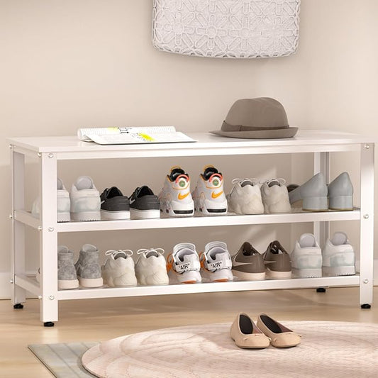 Apicizon White Shoe Rack, 35.5 Inches 3-Tier Shoe Rack for Entryway with Long Seat and Metal Shelves for Garage, Entryway Bench for Hallway Front Door, Mudroom, Doorway, Living Room, Bedroom-NeatNest