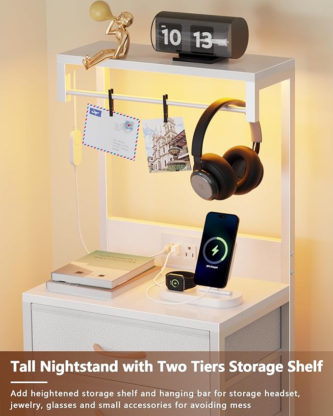 Furnulem Nightstand, White Tall Night Stand with Charging Station and LED Lights, Bedside Table for Bedroom, Office, Hallway, 4 Fabric Drawers, Metal Frame, Wood Shelves