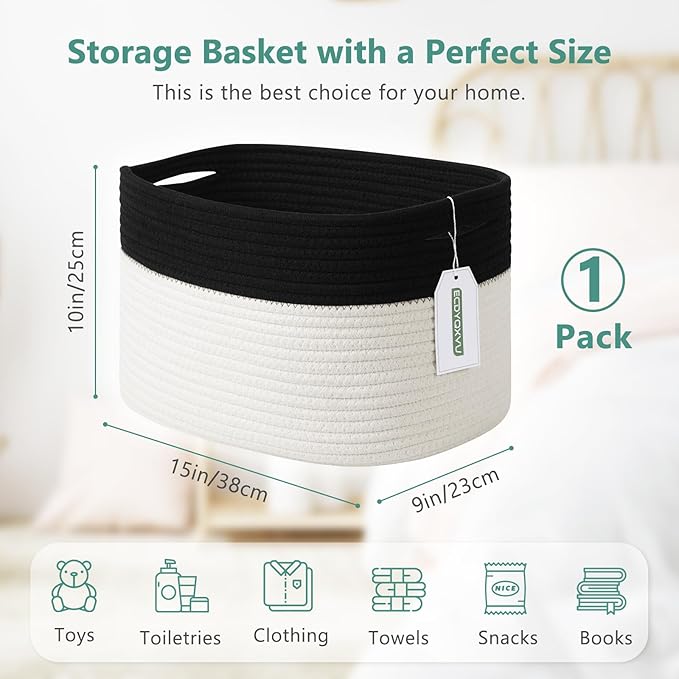 Cotton Rope Storage Basket, 15x10x9 Inches, Woven Basket for Shelves, Clothes, Toys, Towels, Books, and Laundry, Durable and Stylish, Black/ White (1 Pack)-NeatNest