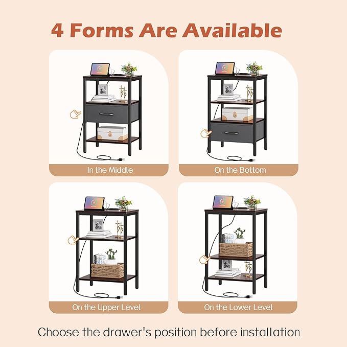 SUPERJARE Nightstand Set of 2, Bed Side Tables with Charging Station, Adjustable Fabric Drawer, Night Stand for Bedroom, 3-Tier Storage End Tables, Walnut