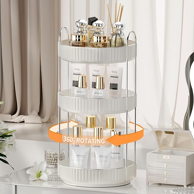 Rotating Makeup Organizer for Vanity,3 Tier High-Capacity Skincare Clear Make Up Storage Perfume Organizers Cosmetic Dresser Organizer Countertop 360 Spinning-NeatNest