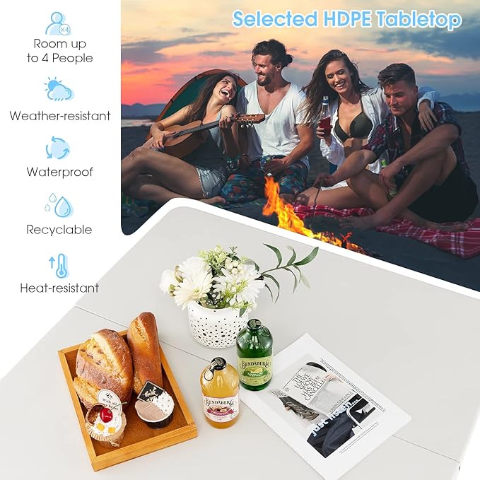 Goplus 34" Square Folding Card Table, Portable with Handle, White Indoor Outdoor Utility Table for Picnic, Party, Dining, Camping, BBQ-NeatNest