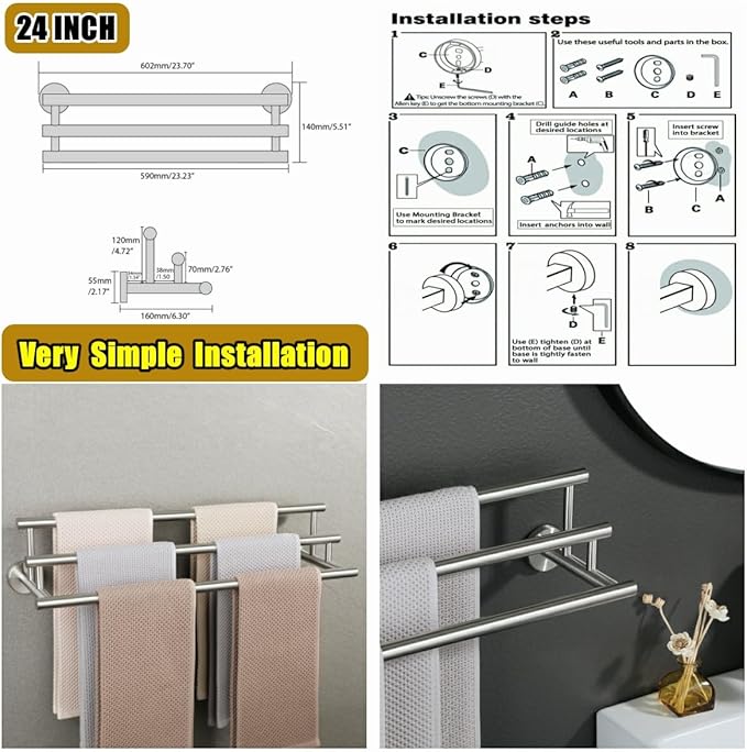 Alise Bath Towel Bars,3-Tiers Ladder Towel Rack Wall Mount Towel Rod,SUS304 Stainless Steel Towel Holder,Space-Saving Towel Hanger,Towel Hooks for Bathroom,Brushed Nickel Towel Rail,GYT6903-LS