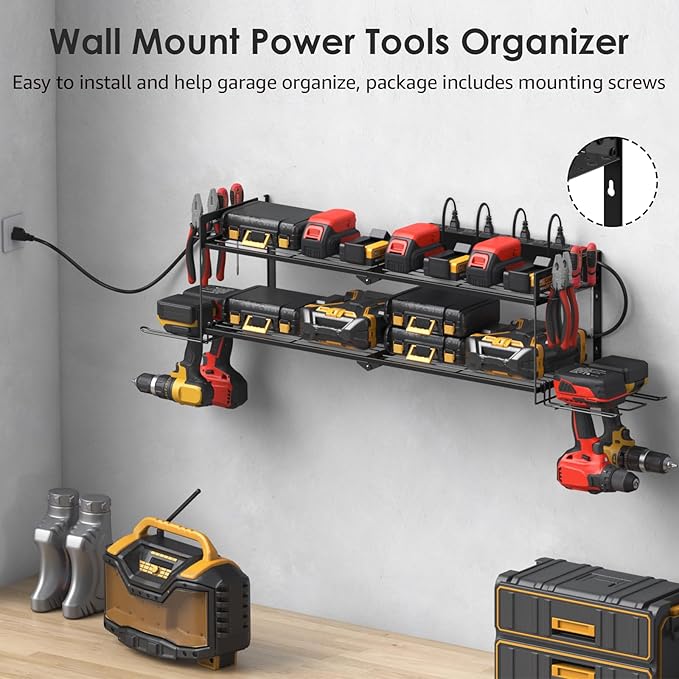 CCCEI Large Garage Tools Storage with Charging Station. Power Tool Battery Organizer Utility Shelf with Power Strip. 4 Drills Holder Wall Mount Rack.-NeatNest