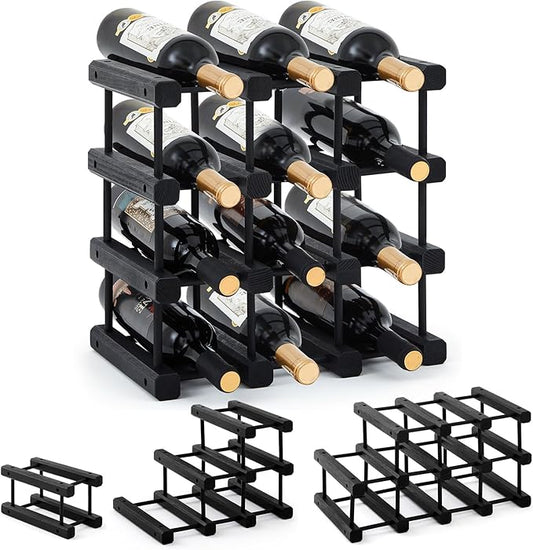 Juexica 1 Pcs 12 Bottles Wooden Wine Rack for Inside Cabinet Stackable Countertop Modular Wine Storage Rack DIY Assembly Bottle Holder for Cellar (Black Color)
