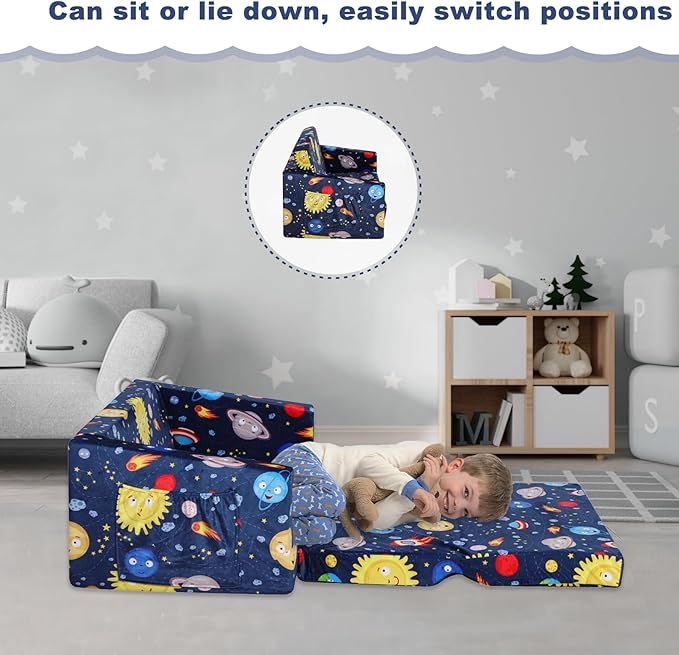 Foam Kid Sofa Couch, 2 in 1 Convertible Sofa to Bed for Baby,Velvet Toddler Sofa Chair with Side Pocket for Kid Playing (W29.92) (Blue)-NeatNest