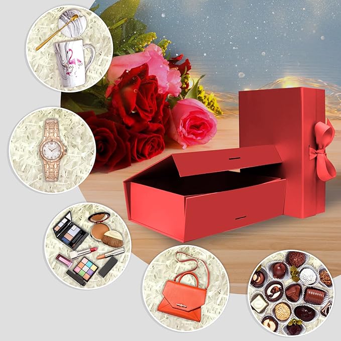 10.5"X7.5"X3.1" Red Magnetic Gift Box with Lid and Ribbon for Presents-NeatNest