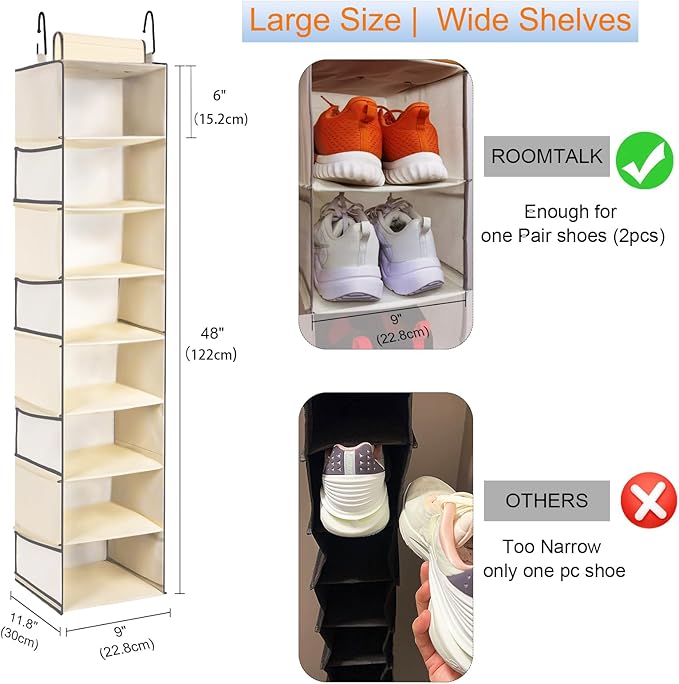 2 Pack Large-Sized Hanging Shoe Organizer 8-Shelf, Hanging Closet Organizer with 8 Side Pockets, Wider Hanging Shelves for Storage Shoes Clothes 9" W × 11.8" D× 48" H, Beige.-NeatNest