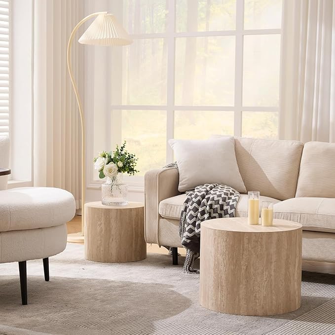 Nesting Coffee Table Set of 2 Wood Circle Drum Coffee Tables Set Round Fluted Coffee Tables for Living Room & Small Space (terrazzo)