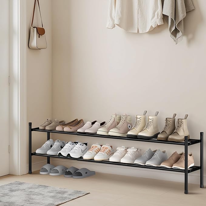 STORAGE MANIAC Long Expandable Shoe Rack, 12 Pairs Metal Wide Stackable Shoe Rack, Adjustable Shoes Shelf, Freestanding Shoes Organizer for Closet, Entryway, Hallway, Garage, Front Door, 2 Tiers-NeatNest