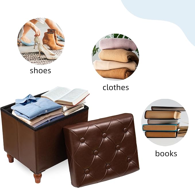 CAROLMADE Folding Storage Ottoman Cube PU Leather Footstool with Wood Legs Ottoman Footrest for Living Room and Bedroom Brown, 15x12.6 x 15.4”-NeatNest
