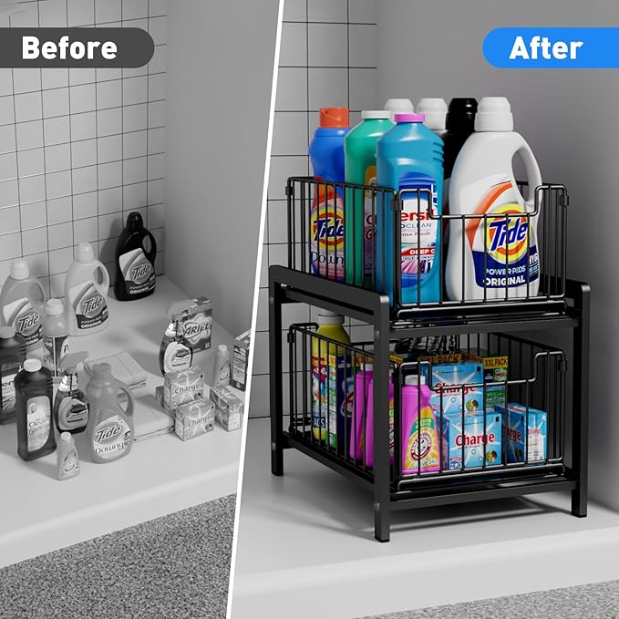 2 Tier Sliding Basket Drawer Organizer, Lxmons Pull Out Under Sink Cabinets Organizers, Metal Home Shelf for Bathroom or Kitchen, Sliding Countertop or Pantry Storage Shelf, Large Black-NeatNest