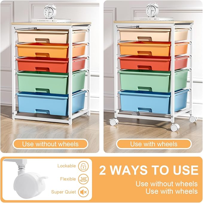 Craft cart,Rolling Cart with Drawers,Storage Cart with 5 Drawers and Wooden Tabletop for Under Desk Organizers and Storage,Macaron