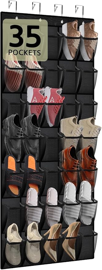 PAULONE 35 Pocket Over the Door Shoe Organizer,Reusable Breathable Large Mesh Bag Men's & Women's Sneaker Organizer,Shoe Organizer for Kids,Hanging Shoe Storage Hanging Bag (Black)-NeatNest