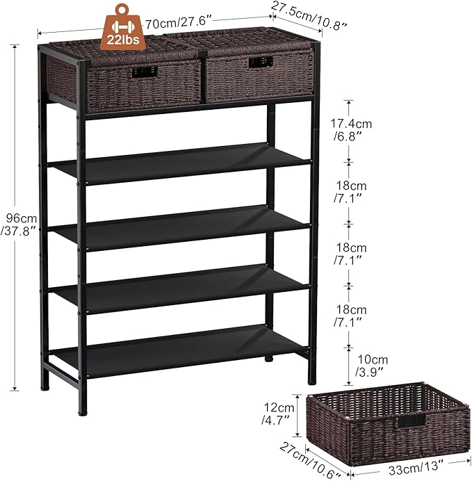 Shoe Rack, 5 Tier Shoe Storage Organizer with 2 Hand Woven Drawers, Metal Shoe Shelf for 16-20 Pairs of Shoes, with 4 Fabric Shelves and Woven Top, Shoe Stand for Closet Entryway, Dark Brown-NeatNest