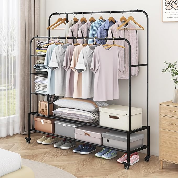 Garment Rack for Hanging Clothes Rack Heavy Duty Portable with Bottom Metal Shelf Drying Coats Shirt,Black (Black+Double Rods+Shelf)-NeatNest