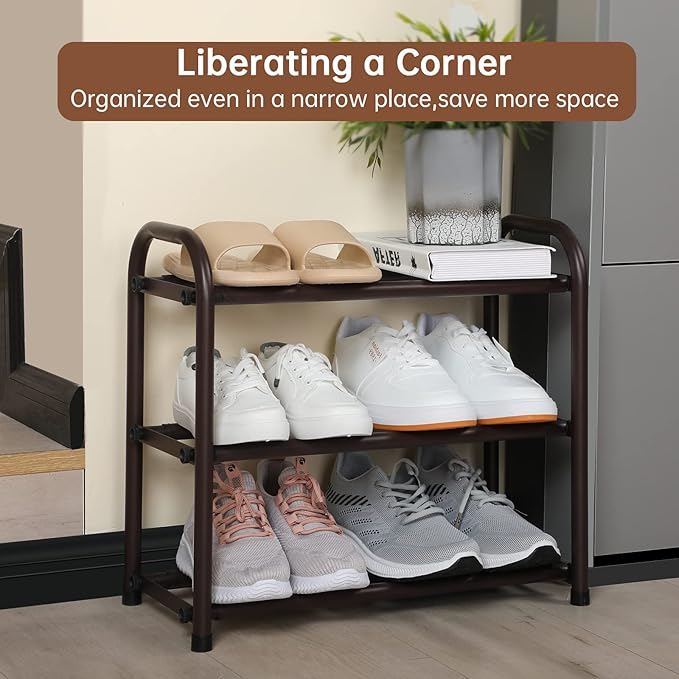 Gonfoam 3-Tier Expandable Shoe Rack,Adjustable Shoe Shelf Storage Organizer Heavy Duty Metal Free Standing Shoe Rack for Entryway Closet Doorway (Bronze)-NeatNest