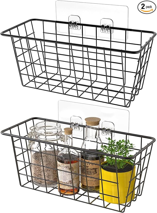 MaraFansie Hanging Kitchen Baskets Wire Storage Basket Over the Cabinet Door Organizer, No Drilling Adhesive Basket for Cabinet Pantry Organization and Kitchen, Bathroom, Storage, 2 Pack, Black-NeatNest