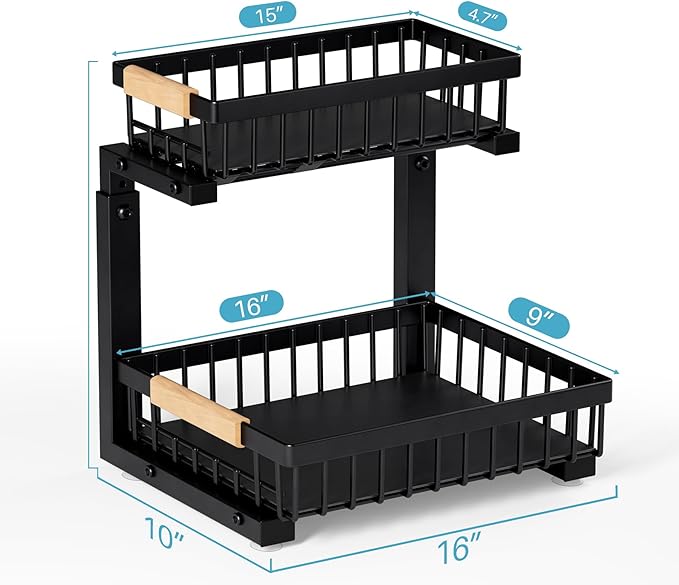 1 Packs 2 Tier Under Sink Organizers, Sliding Pull-Out Cabinet Storage Shelf, Metal Drawer for Kitchen, Bathroom, Pantry & Closet Organization Rack, Rust-Resistant,Black-NeatNest