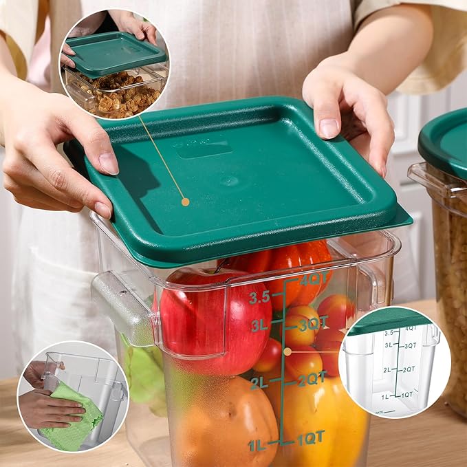 4 Pcs Food Storage Container with Lids Set 4 Qt Square and Round Clear PC Commercial Containers with Scale Handle for Home Restaurant Kitchen Food Storage, Dough Rise, Flour(Green)