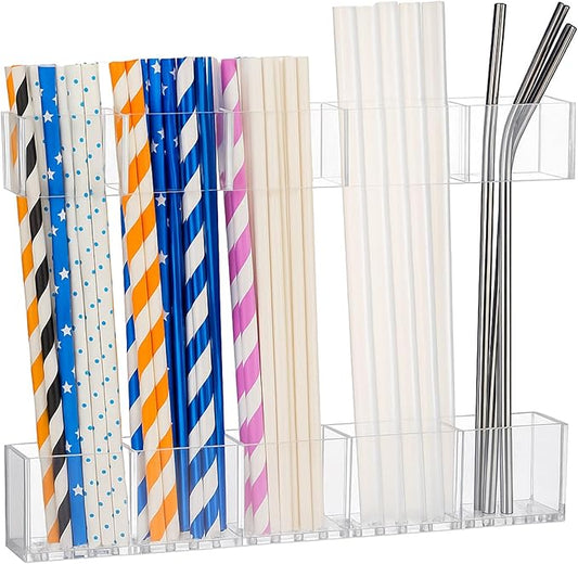 9.5” Large Acrylic Straw Holder for Cabinet Door, Reusable Straw Cabinet Organizer with Double-Sided Adhesive Tape for Kitchen Counter Cupboard (Transparent)