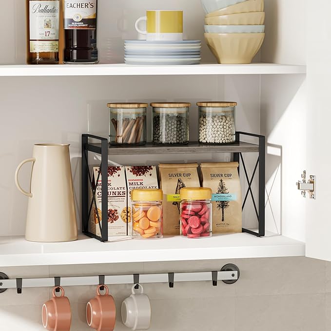 Giikin Kitchen Countertop Organizer, Wood Desk Shelf Riser, Gray Spice Rack for Kitchen Counter, Countertop, Cabinet (15.7 Inches, Gray)-NeatNest