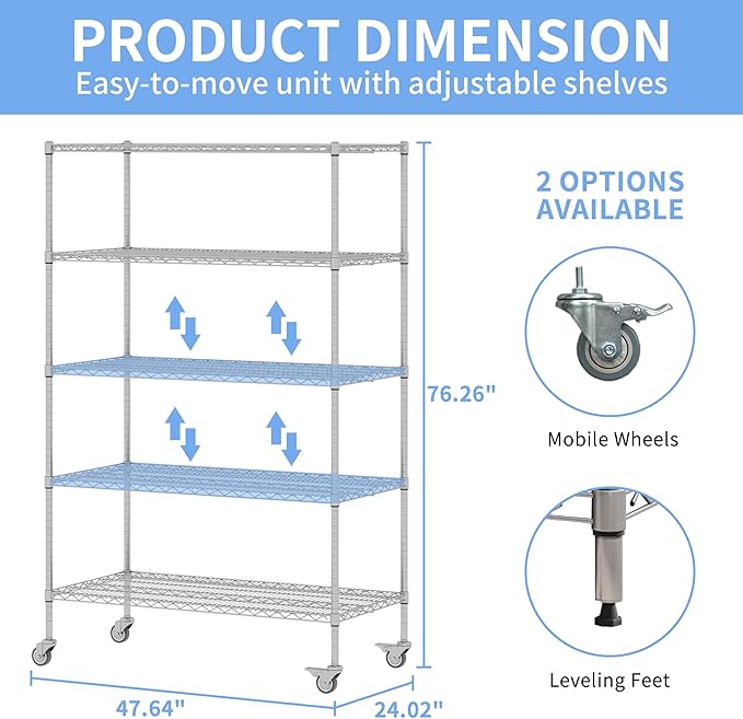 5 Tier Metal Shelving Unit with Wheels, 72" H x 48”W x 24”D Industrial Storage Shelves 1500 LBS Load Capacity, Steel Wire Storage Shelving for Garage, Kitchen, Pantry, Living Room-NeatNest