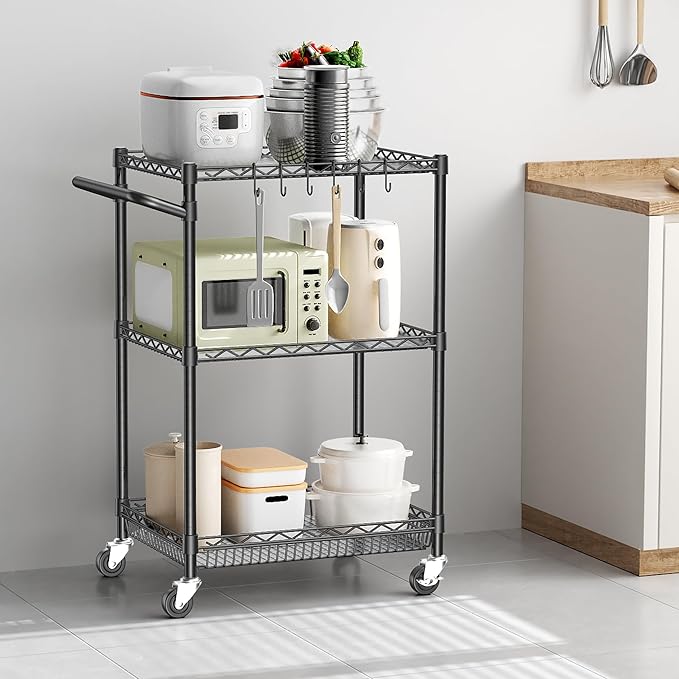 Metal Steel Wire Cart with Wheels, 3 Shelf Rolling Cart, Kitchen Trolley with Handle Bar&Shelf Liner, Commercial Grade Mobile Storage Cart for Kitchen, Living Room, Laundry, Grocery