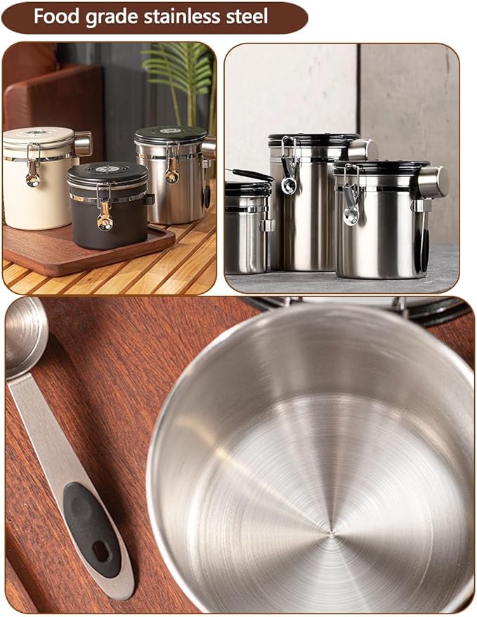 Coffee Canister Airtight Storage Container Stainless Steel Air Tight Coffee Jar with Scoop, Date Tracker CO2 Release Valve for Dry Food, Beans, Ground, Tea, Flour, Cereal and Sugar (1.8L-Silver-2pcs)-NeatNest