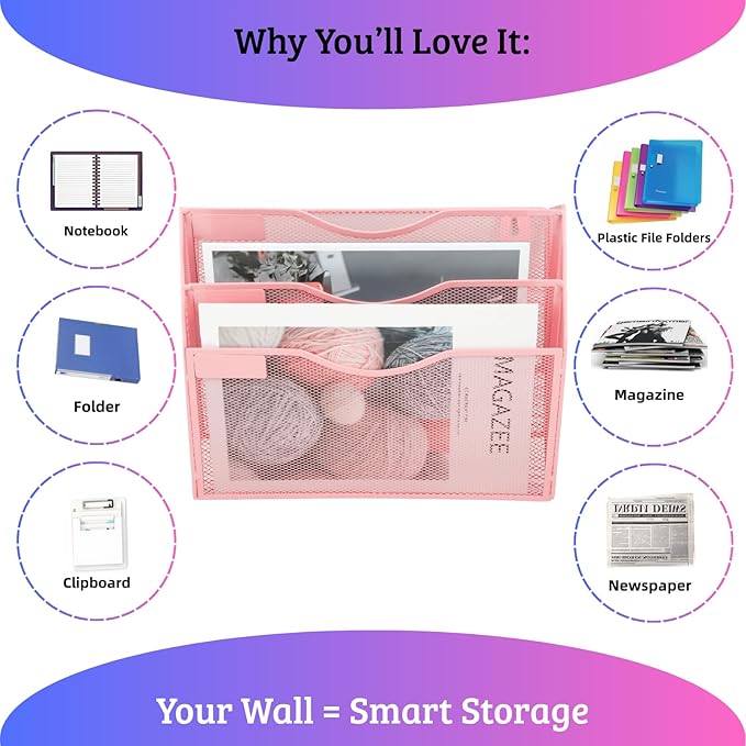 3 Pocket Wall File Holder Organizer, Mesh Hanging Wall Mounted Document Paper Folder Filing Magazine Rack with Nametag Label for Office Home School, 3 Tier Pink