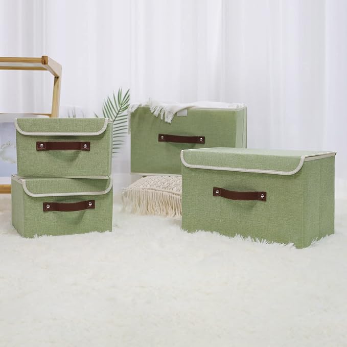 ANMINY 2PCS Storage Bins with Lid PU Leather Handles Storage Boxes PP Plastic Board Decorative Foldable Lidded Cotton Linen Fabric Home Cubes Baskets Closet Organizer Containers - Green, Large Size-NeatNest