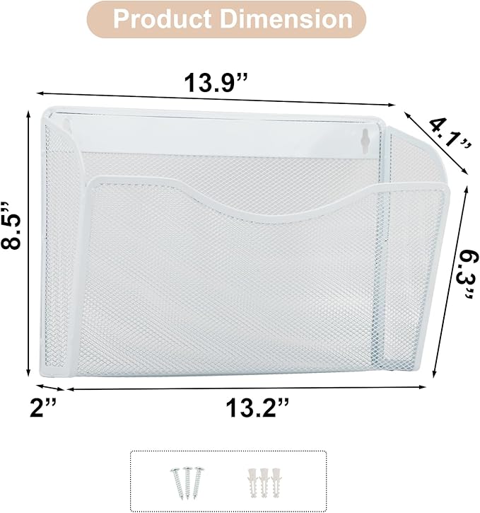 EASEPRES 3 Single Pocket Mesh Hanging File Organizer, Vertical Wall Mounted Magazine File Holder, Mount Basket Mail Paper Document Folder Organizing for Office, Home and School, White