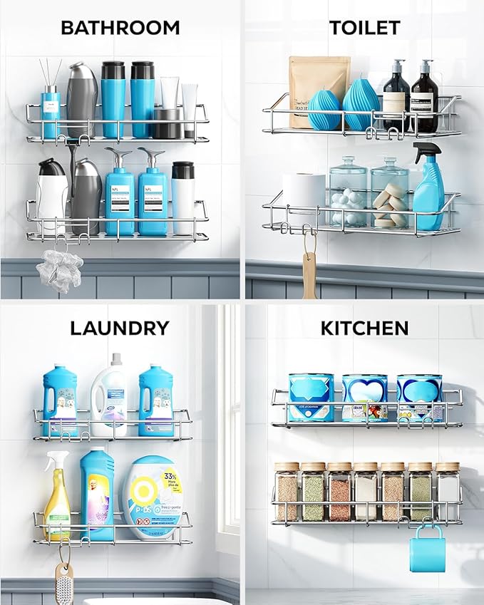 Nieifi Shower Caddy Shelf Storage Rack Adhesive Without Drilling Stainless Steel with Hooks for Washroom, Lavatory, Restroom, Toilet, Bathroom, Kitchen - 2 Pack-NeatNest