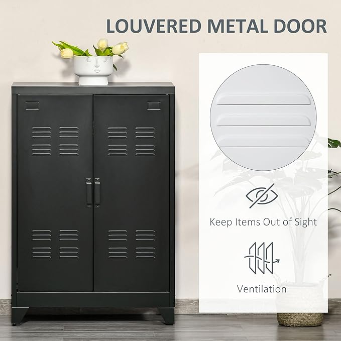 HOMCOM Industrial Storage Cabinet, Steel Garage Cabinet with Double Doors and Adjustable Shelves, Black