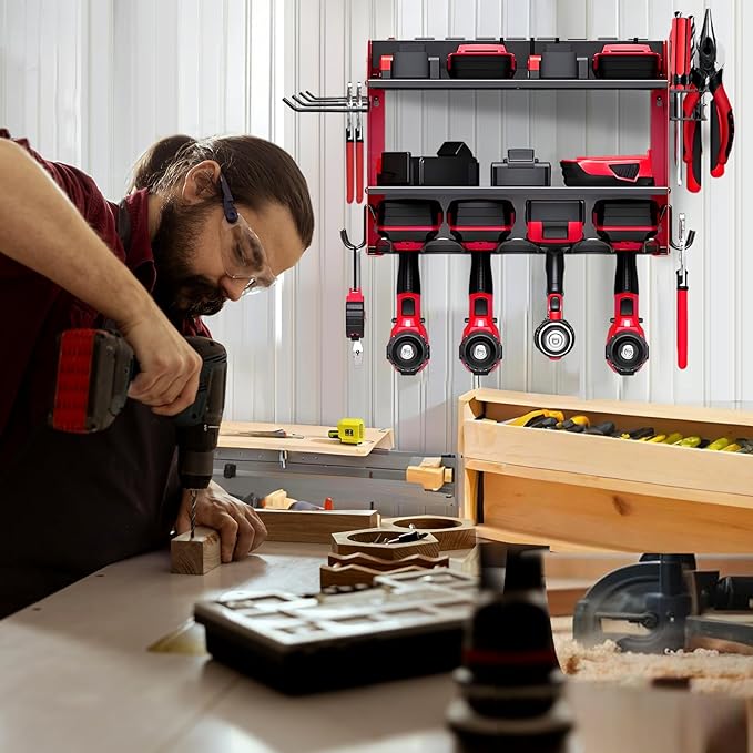 Garden Power Tool Organizer, Heavy Duty Tools Storage Rack Wall Mount with Charging Station, 3 Layers Yard Tool Shelf Drill Holder for Ryobi Tools - Ideal for Garage, Workshop