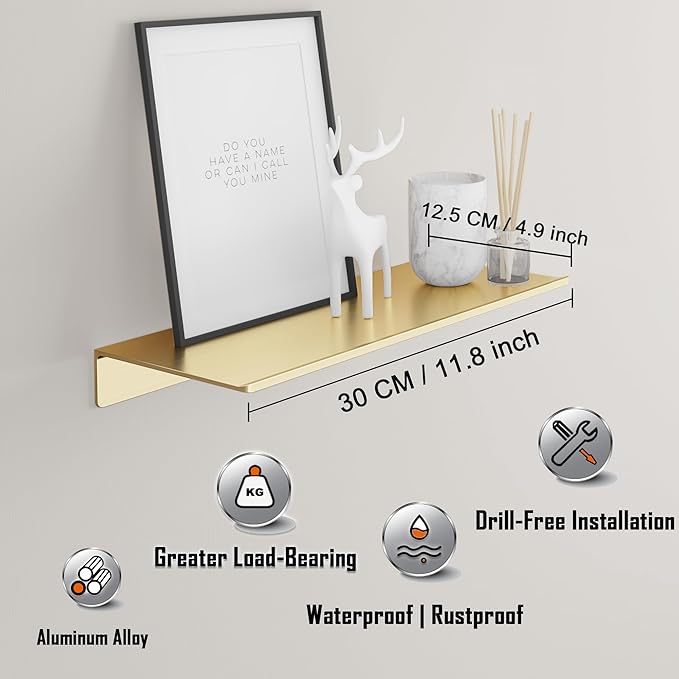 Metal Wall Shelves Set of 2, Brushed Gold Floating Shelf, 30CM Wall Decorative Shelf for Photos, Collectibles, Vases, Trinkets, Crafts, Trophy, etc. Shower Caddy-NeatNest