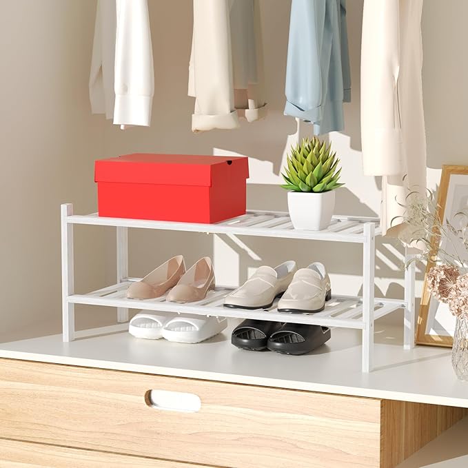 Shoe Rack, 2 Tier Bamboo Shoe Rack for Closet, Stackable Wooden Shoe Organizer, Free Standing Wood Shoe Shelf for Entryway Small Space, 27" x 11" x 13", White