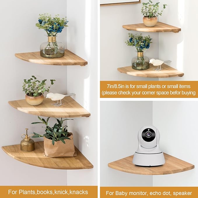 Corner Shelves, Floating Corner Shelf, Set of 3 Solid Oak Wood Corner Wall Shelves, Round End with Wire Hole Shelving for Small Plant for Bedroom Kitchen, Living Room (Size 9/10/12in)-NeatNest
