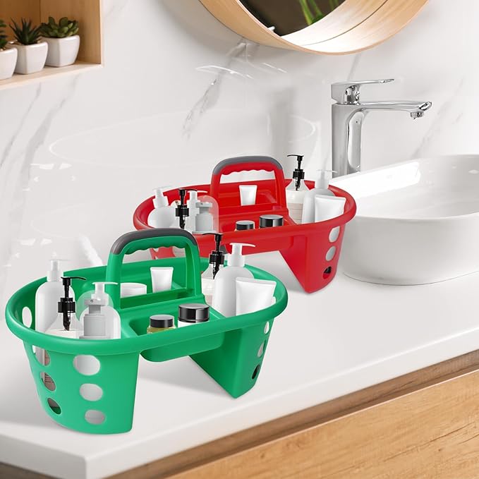 Large Shower Caddy Portable 2PC - Made in USA Plastic Jumbo Size Dorm Storage Candy Tote with Handle Shower Organizer for Bathroom, Pantry, Kitchen, College Dorm, Green/Red