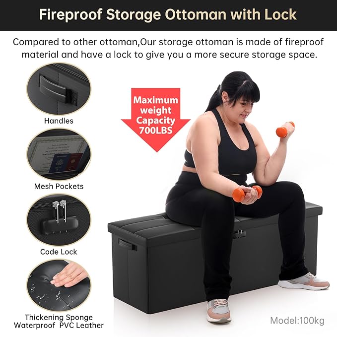 DocSafe Storage Ottoman Bench,Fireproof＆Waterproof Folding Bench with Lock(15”x 43”x15”),Leather Storage Chest with Handles＆2 Extra Boxes,Ottoman Safe for Bedroom,Living Room,Home Office,Black-NeatNest