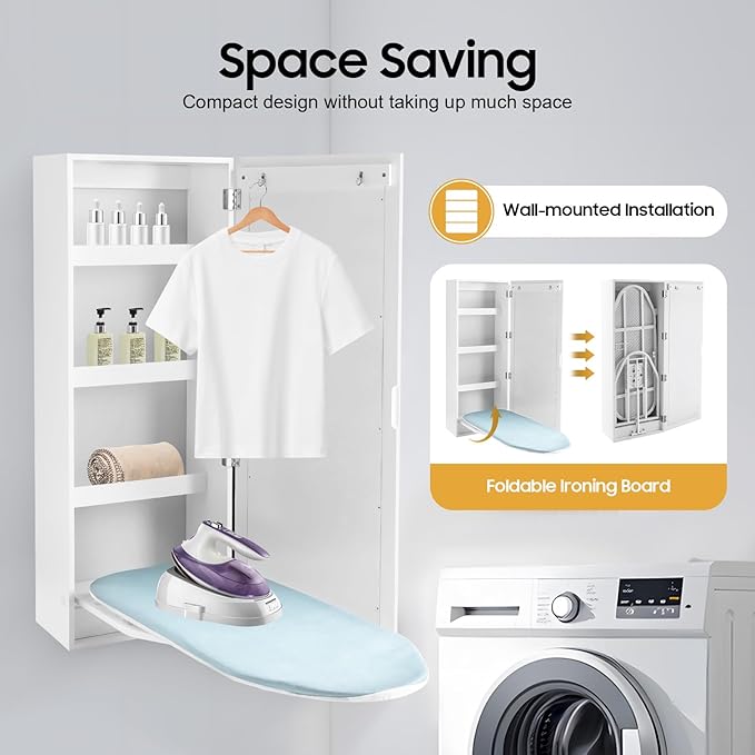 Ironing Board Cabinet Wall Mounted Storage Cabinet, Foldable Ironing Storage Station with Mirror, Built-in Rotating Ironing Board with Storage