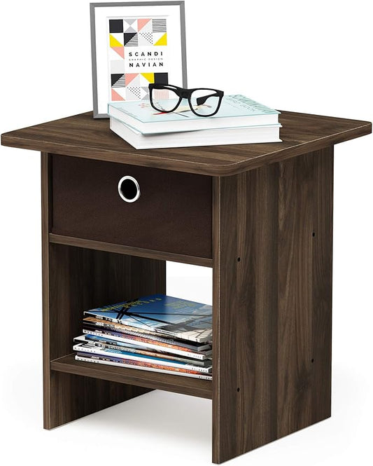 Furinno Dario End Table / Side Table / Night Stand / Bedside Table with Bin Drawer, 1-Pack, Columbia Walnut/Dark Brown