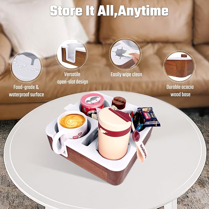 Couch Cup Holder Tray, Real Acacia Wooden Caddy with Soft Silicone, Snack and Drink Organizer- Perfect Movie Night Accessories for Bed, Remote and Cup Holders for Sofa (White)-NeatNest
