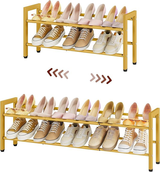 FAVOOSTY 2-Tier Expandable Shoe Rack, Adjustable Shoe Shelf Storage Organizer Space Saving Metal Free Standing Shoe Rack for Entryway Closet Doorway, Gold-NeatNest